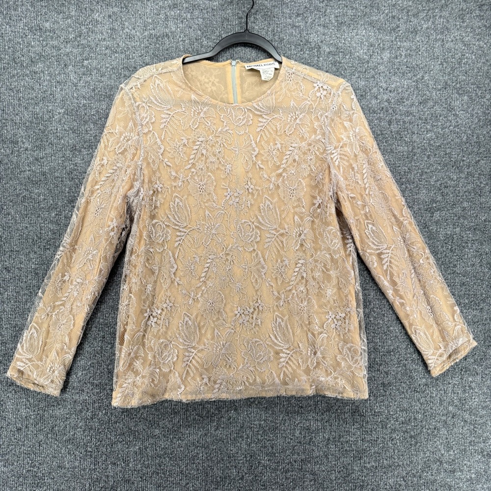 Michael Kors Silk‎ Blouse Womens M Cream Floral Lace Old Money Luxury Chic Italy